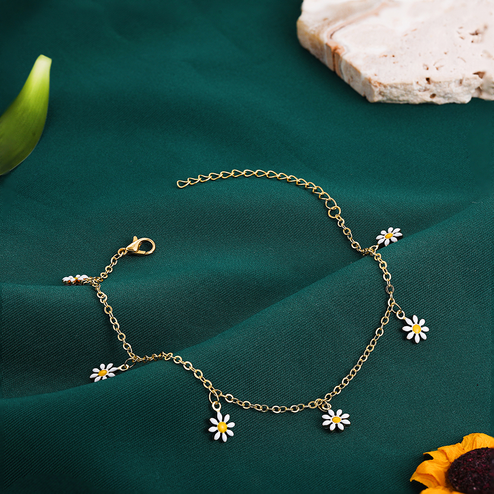 Tobillera de margaritas con cadena de perlas hechas a mano para mujer, sandalias de playa de verano, accesorios, pulsera en la pierna: Color dorado