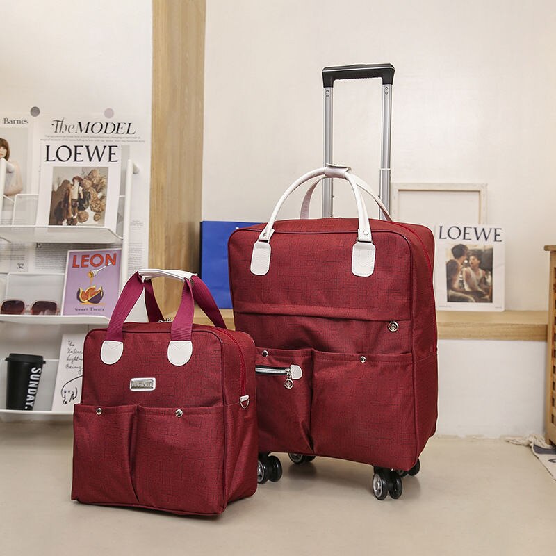 Moda donna carrello bagaglio valigia da viaggio borsa da viaggio a mano cravatta casuale borsa da viaggio ruote valigia per bagagli: impostato of two-rosso