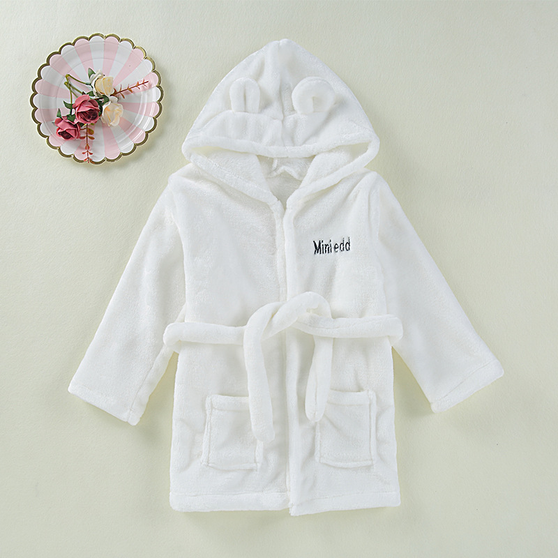 bathrobe for newborns 0-2Y fleece baby bathrobe with a hood home unisex solid color cute bear flannel bath robes: White / Newborn