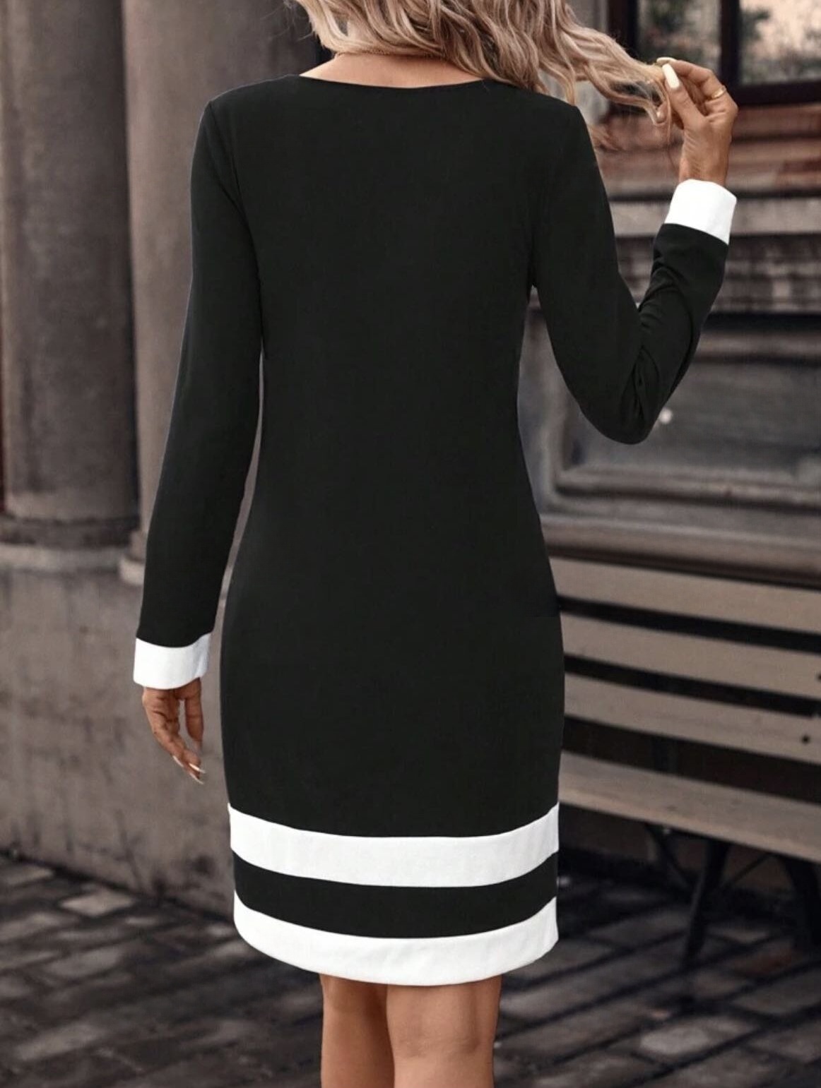 vestido ajustado de manga larga con parte inferior de punto y cuello de lunares para otoño e invierno