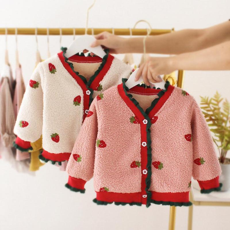 Autumn Winter Baby Girl Kids Coat Long-Sleeves Clothes Cotton Leisure Daily Lovely Strawberry Cardigan Thicken Buttons Clothes