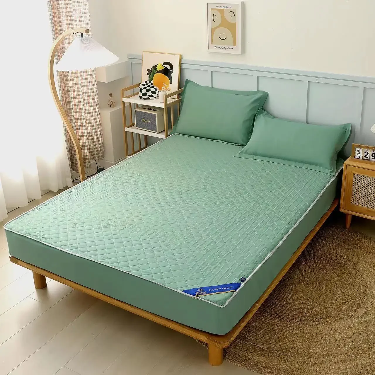 Optics-Drap-housse élastique matelassé pour lit double, housse de matelas douce et respirante, housse en lin avec poche profonde: US-Twin / green