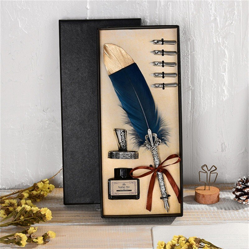 Vintage 1Set Kalligrafie Veer Dip met 5 Nib Quill Pen Schrijven Inkt Set Geschenkdoos Bruiloft Fontein pen
