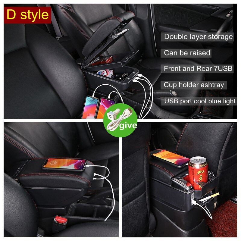 Caja de reposabrazos para Toyota Hilux, piezas de reequipamiento Interior del coche, almacenamiento de reposabrazos giratorio, retráctil, USB, LED, portavasos, accesorios: D Styke Black Red