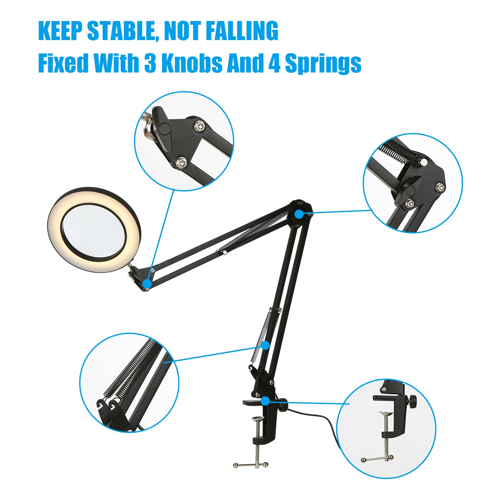 Magnifying Glass Magnifier with LEDs Clamp Clip Light 8X Magnification 10 Levels Brightness Dimmable Desk Lamp with Bracket
