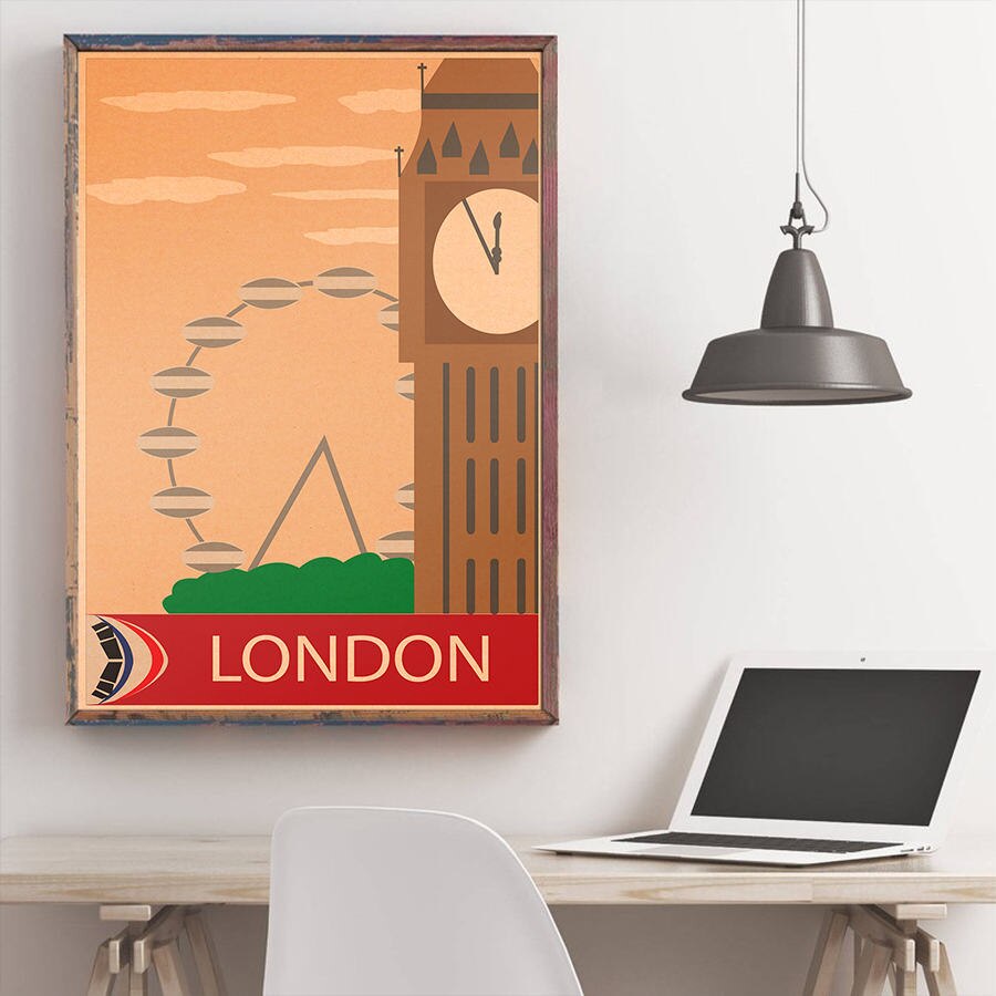 London city rejseplakat håndmalet turistattraktioner vintage kraftpapir pub cafe soveværelse boligindretning wallsticker 42 x 30cm