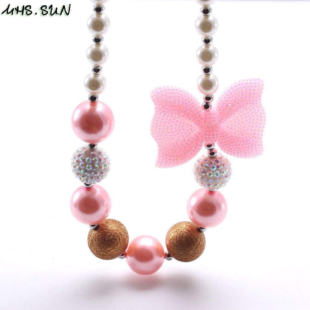 Mhs. Zon Schattige Baby Meisjes Roze Strik Ketting Kids Chunky Kralen Ketting Handgemaakte Bubblegum Sieraden Voor Kind Speelgoed