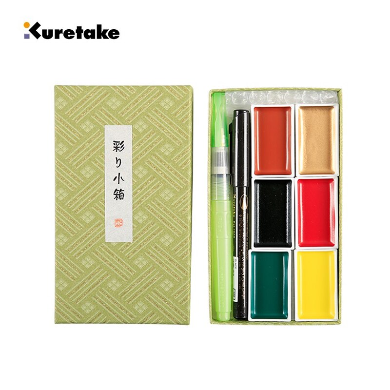 Kuretake irodori kobako solid akvarel vandbaseret pigment 6 farver sæt rød / grøn kasse: Grøn boks
