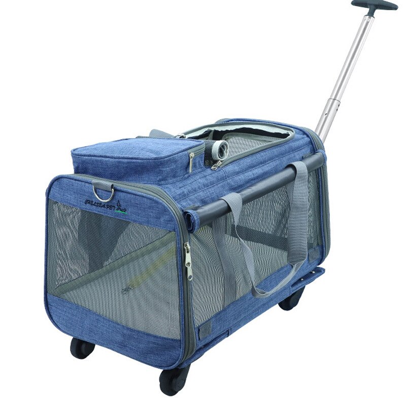 Portátil caso do trole do gato do animal de estimação roda universal destacável respirável dobrável grande capacidade saco de viagem do filhote de cachorro sacos de malha: Blue