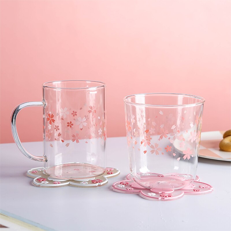 Tasse transparente à fleurs de cerisier, rose, café au lait, verre Sakura résistant à la chaleur, sous-verre Kawaii