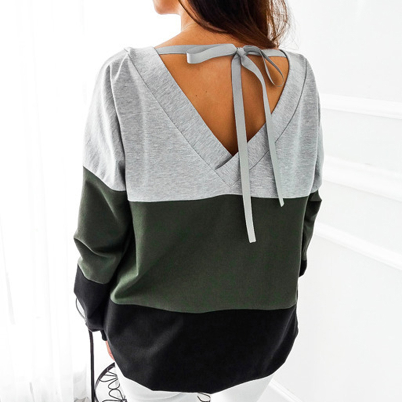 Female Pullovers Tops Sport Colors Patchwork Women O-Neck Sweatshirts Back Lace-up Long Sleeve Tennis T-Shirt