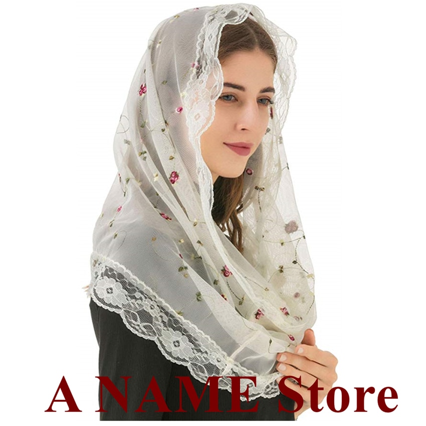 Mantilla – Voile gothique pour église, couvre-chef Rond, pour chapelle de masse latine, Voile noir, dentelle florale brodée
