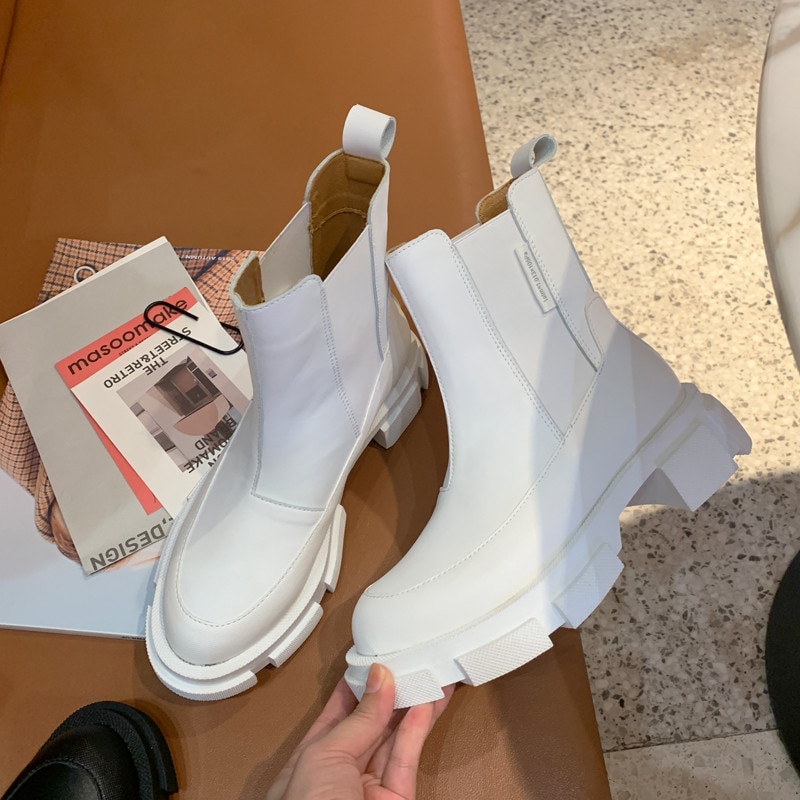Kvinder chelsea støvler tyk sål platform korte støvletter slip-on motorcykel støvler sort hvid efterår sko botas mujer