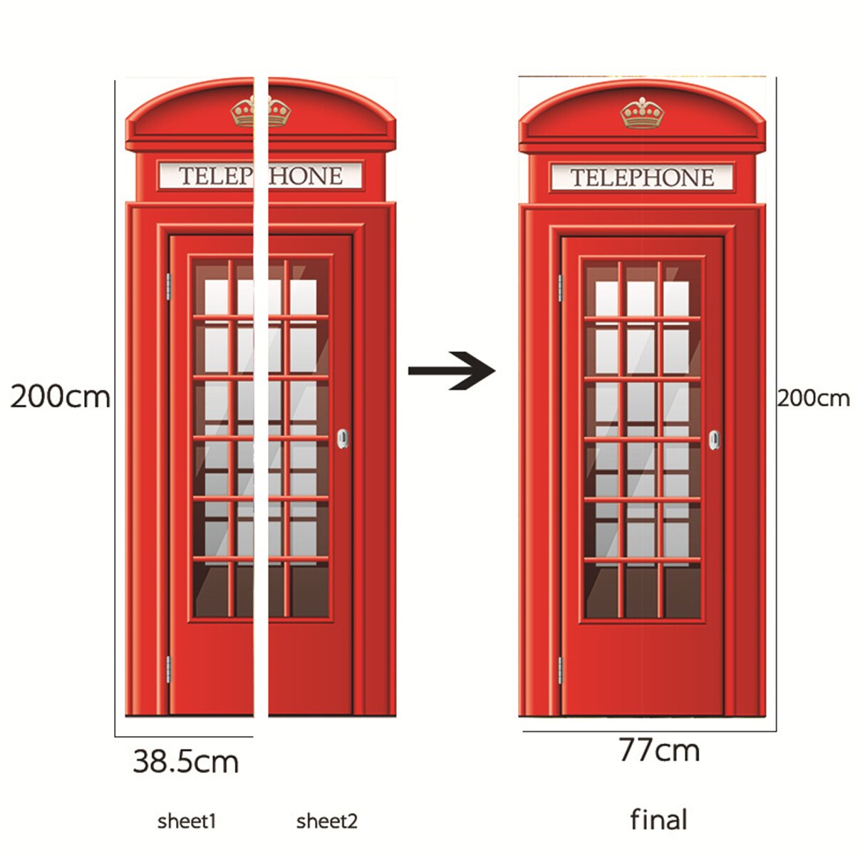 Britisk stil london rød telefonboks dør klistermærke selvklæbende pvc vandtæt hjem væg indretning plakat mærkater værelse dekoration
