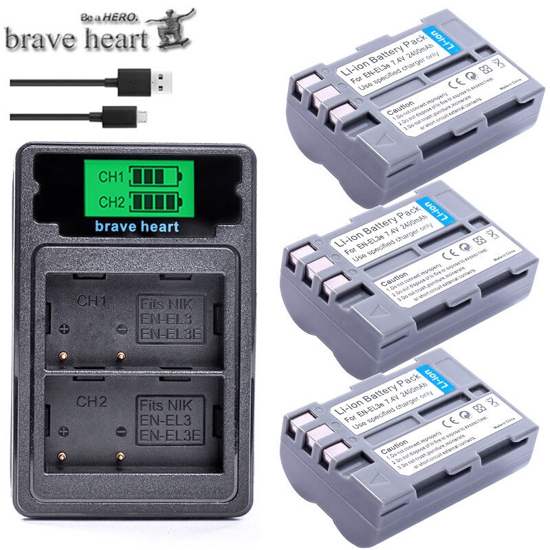En -el3e en  el3e enel 3e 2400 mah kamera bateria batterier akku + lcd usb-lader til nikon  d30 d50 d70 d70s d90 d80 d100 d200 d300: Lader og 3 batterier
