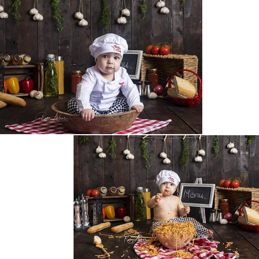 Menu kitchen Newborn Little Chef Birthday Portrait Backdrop Photo Studio Cook Birthday Cake Smash Background Wooden Bread Tomato