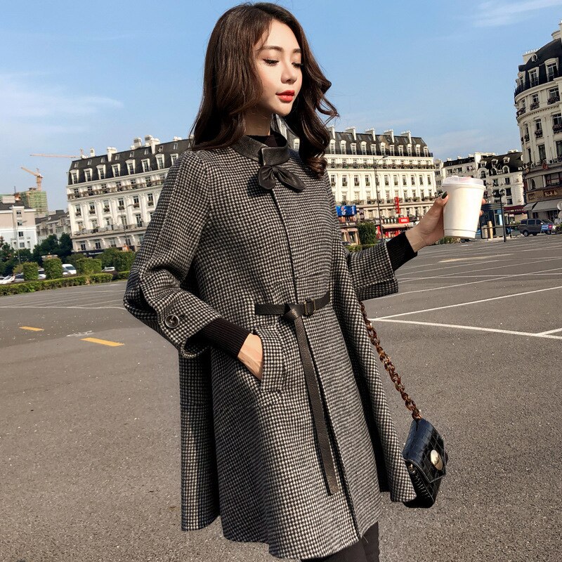 Veste en laine mi-longue pour femme, manteau de bureau, coréen, automne hiver , nouvelle Cape ample, petit mille oiseaux, treillis
