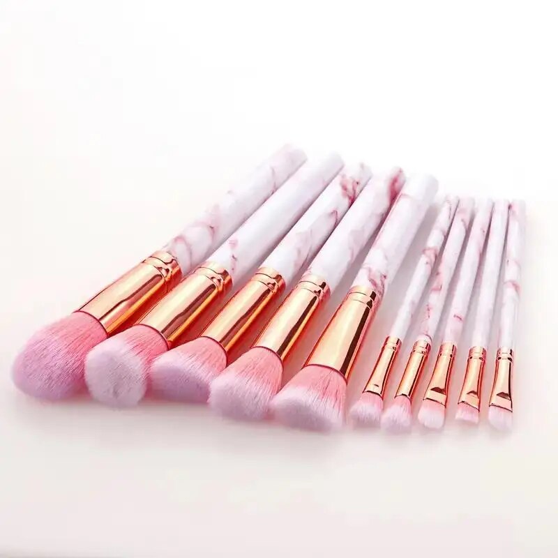 10 Uds. Brochas de maquillaje de mármol, base Kabuki sintética Premium, mezcla de polvos faciales, colorete, correctores, brochas para sombras de ojos