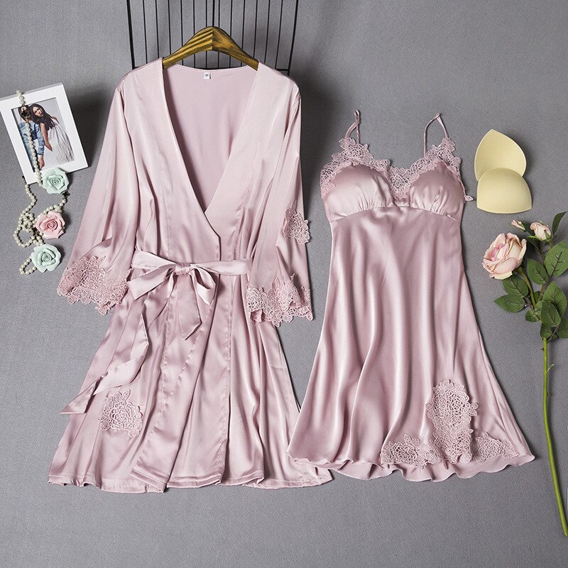 Mechitiz-ensemble de sommeil, robe sexy en soie pour femmes, peignoir deux pièces, robe de nuit luxueuse, printemps été, vêtements de nuit féminins: Rose / XL