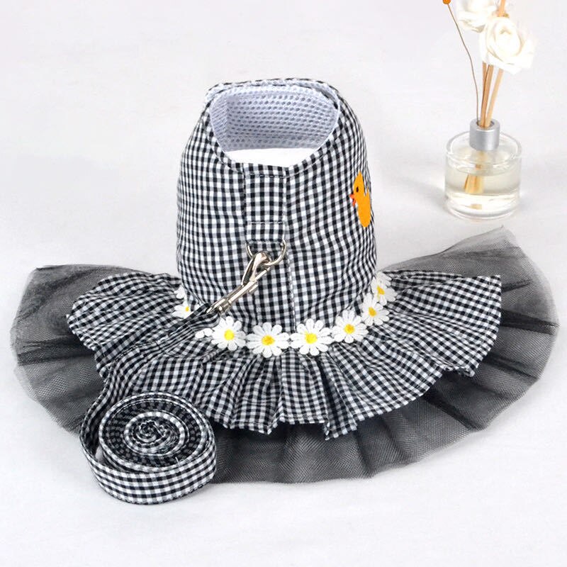 Vestido con arnés para perro y gato, camisa con correa a cuadros, flor a juego, falda para cachorro, ropa de primavera y verano