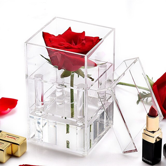 Acrylic Rose Flower Box Makeup Organizer Artificial Flower Bouquet Valentine's Day Wedding Decor Box: Large 1 Hole Box