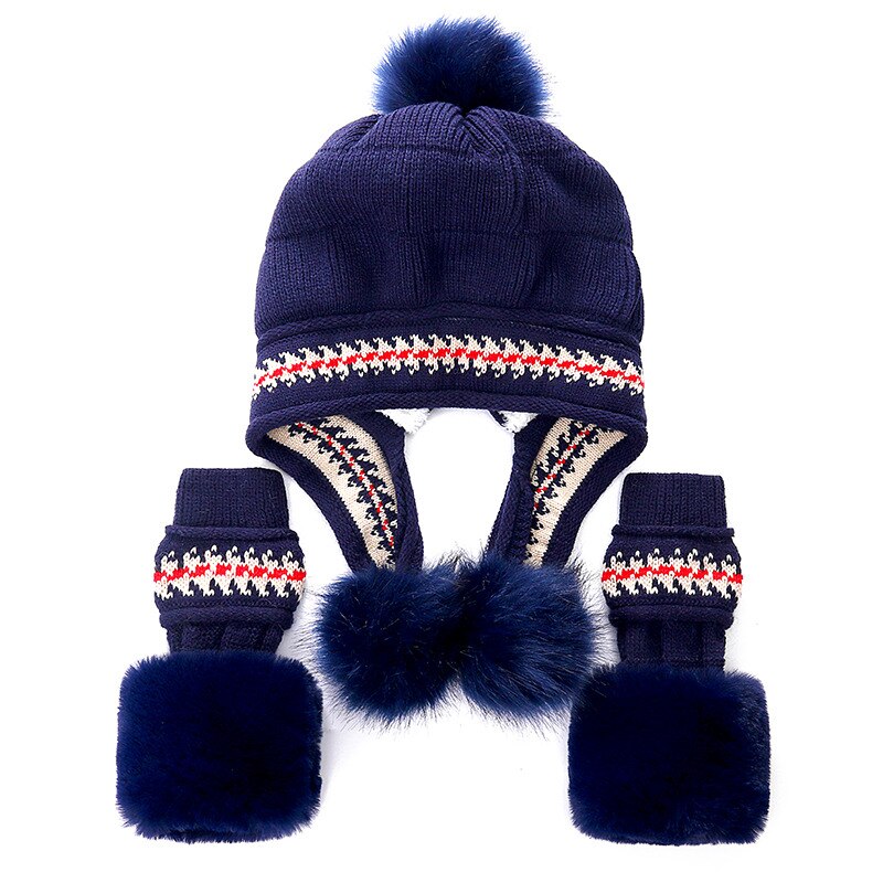 Kvinders vinterhue kvindelig tilføj pelsfor strikket hat med handsker sæt pompoms bold beanie cap piger tyk varm beanie hat: Marine blå