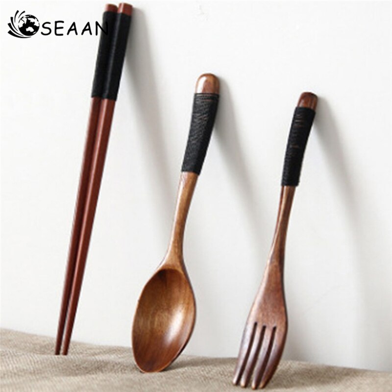 3 pièces fourchette cuillère baguettes ensemble cuisine bambou couverts ensemble en bois paille vaisselle ensemble avec sac en tissu voyage couverts ensemble gadgets
