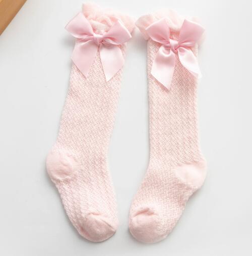 Barn flickor kunglig stil rosett knähöga nätstrumpor.baby toddler bowknot in tube socks.kid ihåliga strumpor sox 0-4y: Rosa rosett / 2y-4y