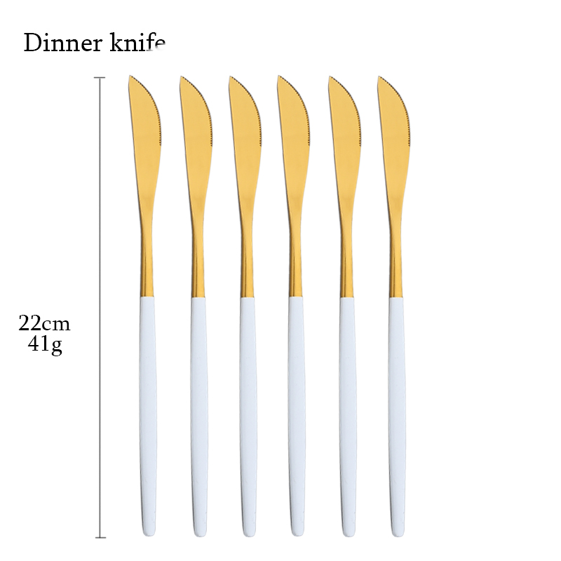 6Pcs White Gold Cutlery Set Stainless Steel Dinnerware Set Spoons Tableware Forks Cutlery Flatware Set Knives Spoons Mirror: Knife