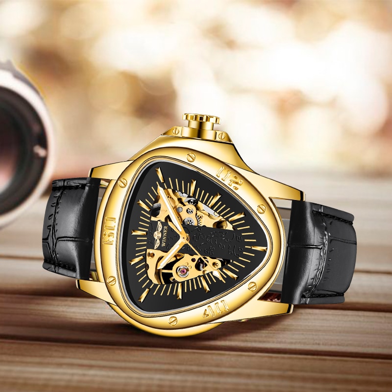 WINNER Men Automatic Mechanical Watches Steampunk Triangle Golden Skeleton Movement Mysterious Luminous