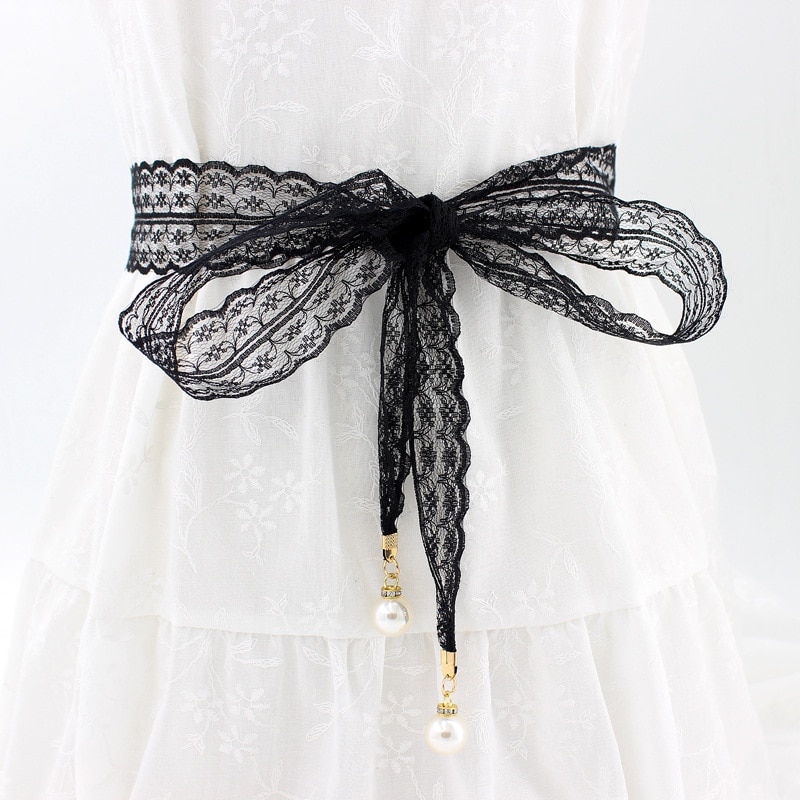 Vrouwen Mode Riemen Lace Hollow Gordel Dunne Parel Riem Touw voor Jurken Kwastje Tailleband Riem Knoop Versierd Smalle Lint Zwart