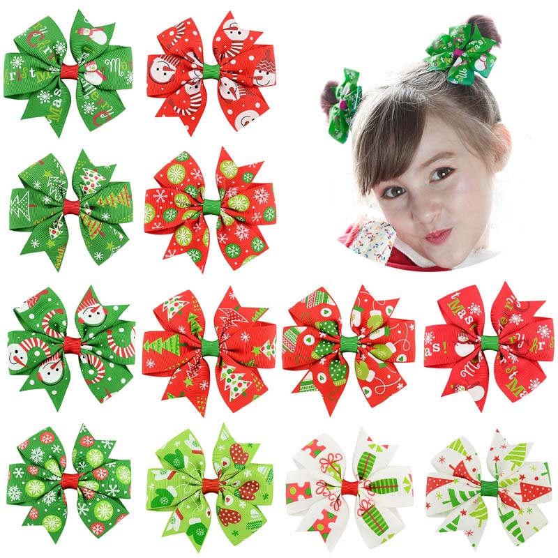 12 stks/partij 3 "Zwaluwstaart Grosgrain Bloemen Lint Bows met Clip Kinderen Meisjes Organza Hair Bows Voor Kerst Dag Haar accessoires