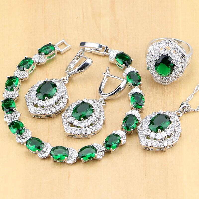 925 Sterling Silver Jewelry Green Created Emerald White Zircon Jewelry Sets Women Earrings/Pendant/Necklace/Rings/Bracelet T203