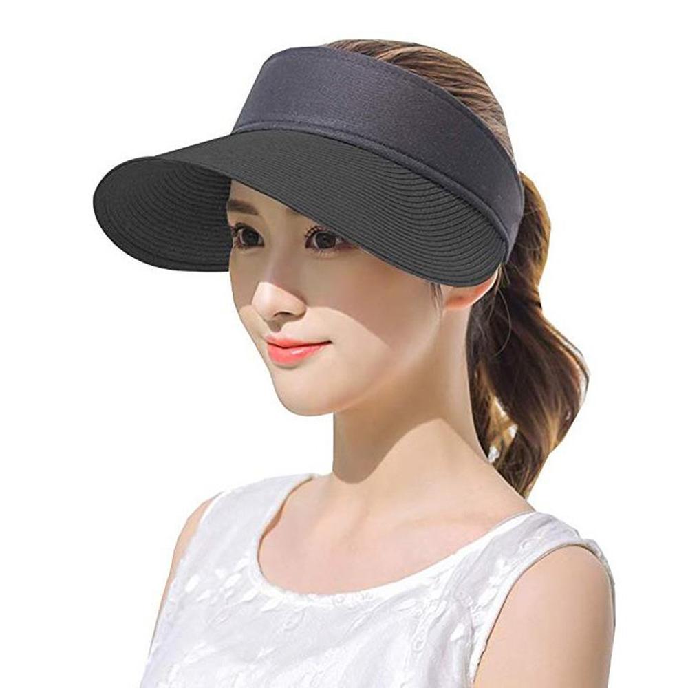 women summer Straw Bohemia Sun Hats pearl packable sun visor hat big heads wide brim beach hat UV protection female cap white: Black