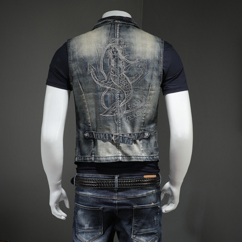 Vintage Jean Chaqueta Hombre Solo Breasted Denim Chaleco de Jean chaleco Inglaterra de estilo vaquero bordado sin mangas chaqueta 3XL