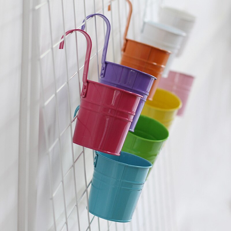 1 set  of 10,  kör färg plåt balkong blomkruka, färgad plåt hängande hink, hängande kruka blomkruka hängande kruka, plåt hink, re