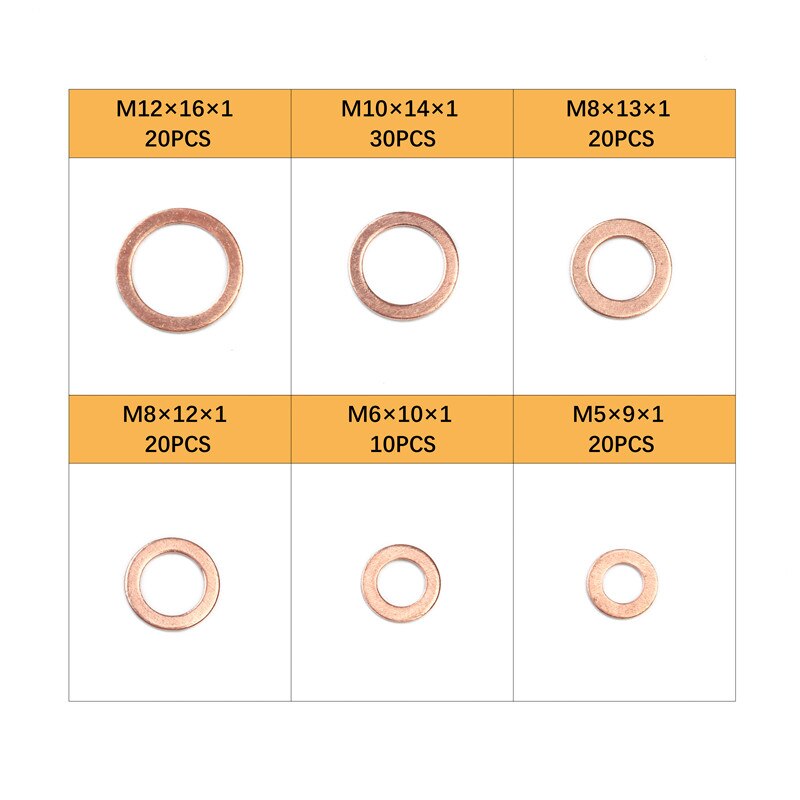 120 st  m5/m6/m8/m10/m12 5 storlekar kopparbricka packningssats plattring tätningssats set för generatormaskiner med låda