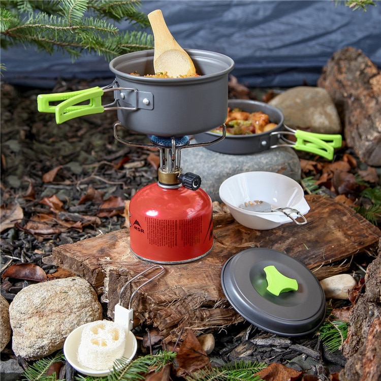 1-2 Person draussen Camping Wandern Picknick Topf Gesetzt Tragbaren Geschirr Chaos Kochen Bausatz Camping Kochgeschirr