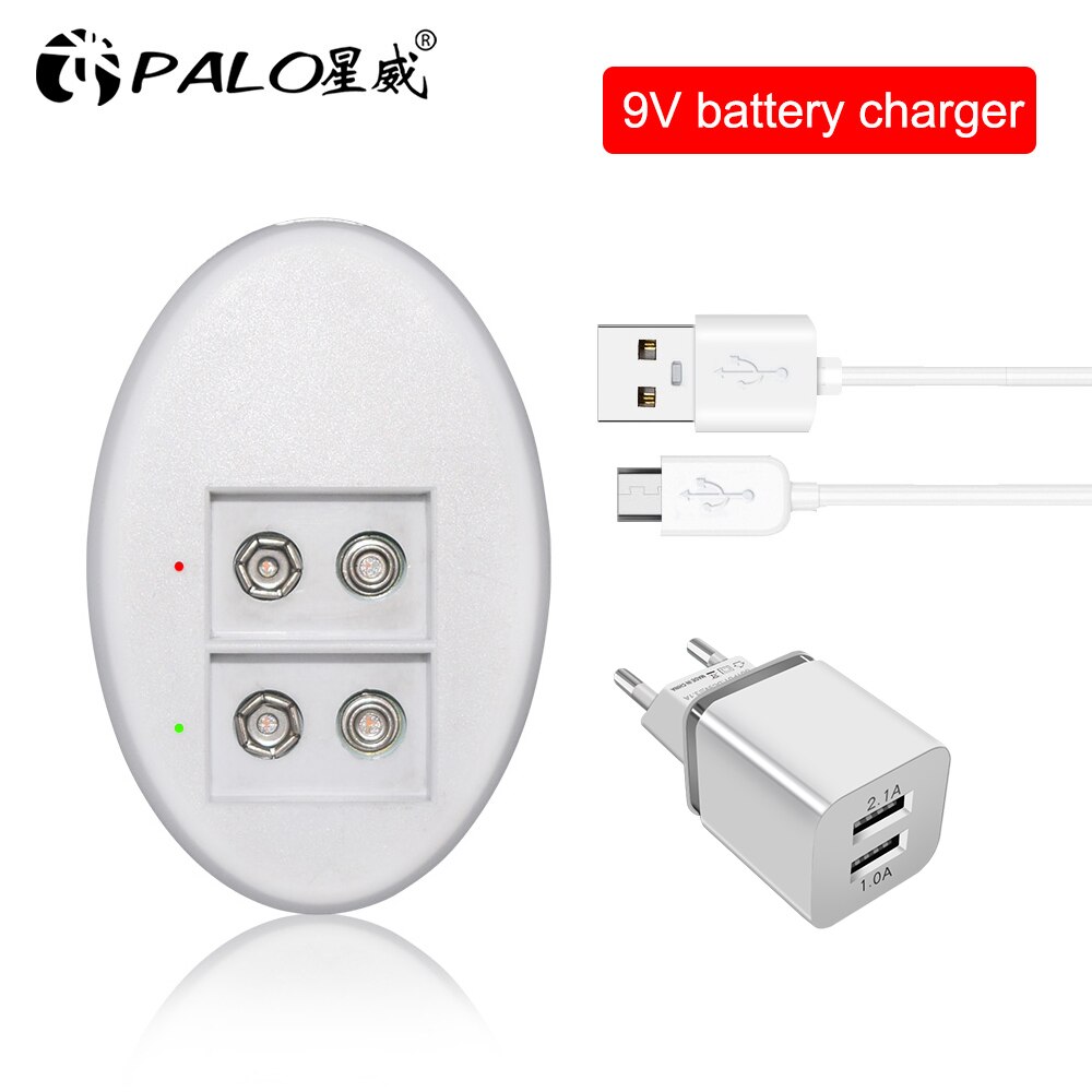 PALO dual slot 6F22 9V battery charger usb charger smart LED display for 9V lithium nimh nicd rechargeable batteries: 2slots with EU