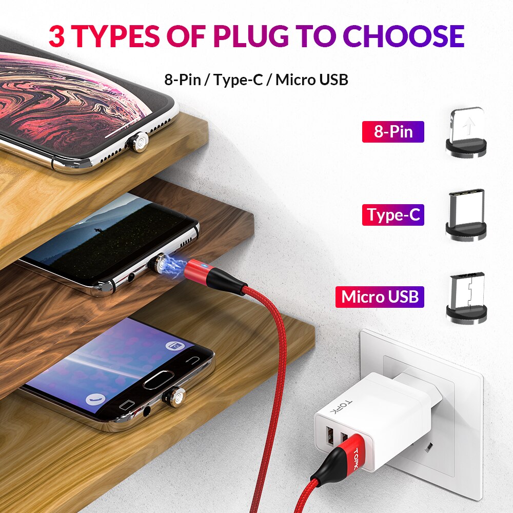 Topk AM60 3A Snel Opladen Led Magnetische Micro Usb Type C Kabel Voor Iphone Xs Max 8 7 6 Telefoon kabels
