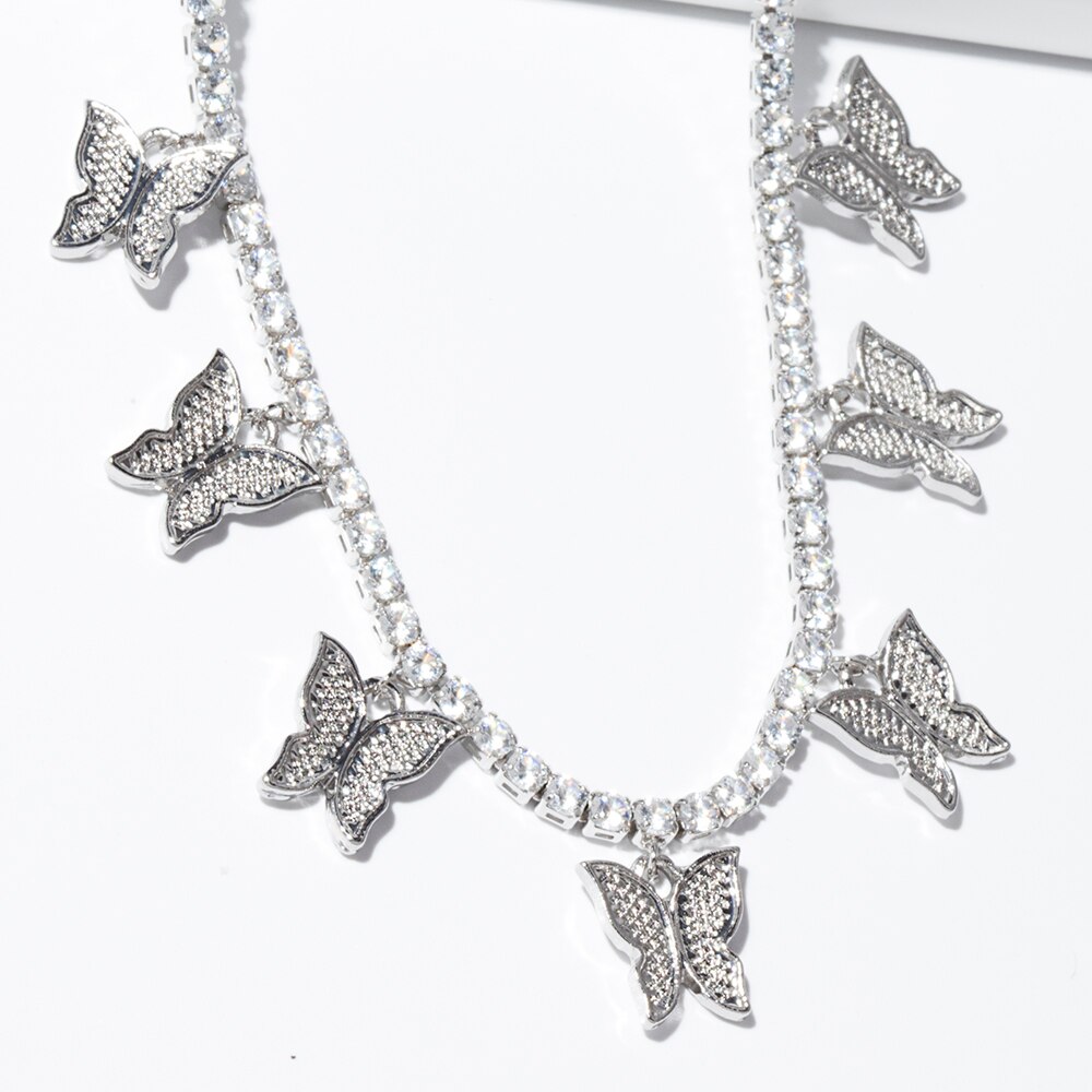 Colliers ras du cou en or blanc pour femmes zircon cubique, pendentif papillon bijoux de fête accessoires de