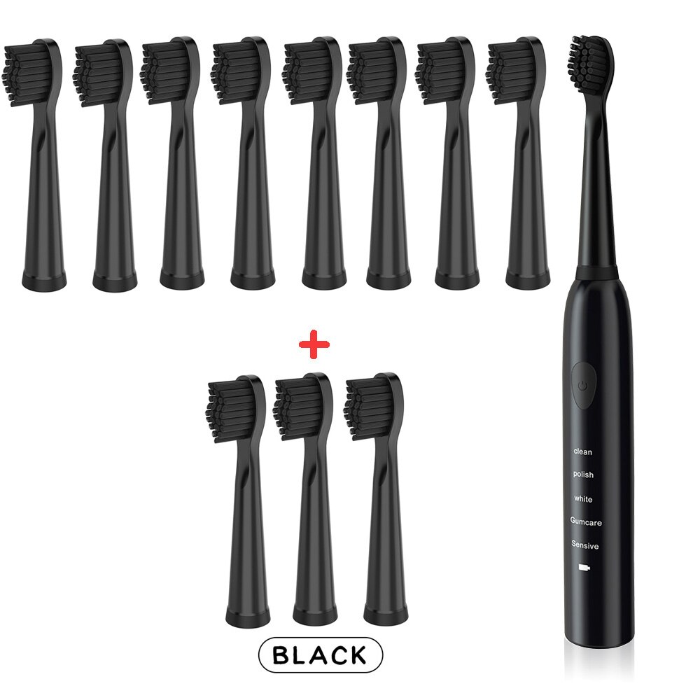 Brosse à dents électrique sonique puissante Ultra sonique USB Charge brosses à dents rechargeables brosse à dents de blanchiment électronique lavable: Black-brushhead-12