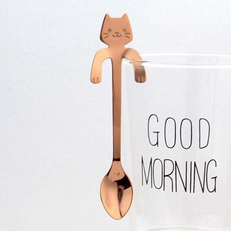 Stainless Steel Cat Bear Coffee Spoons Strring Spoon Long Handle Teaspoon Tea Spoon Dessert Scoop Tableware Gold Cutlery: rose gold cat