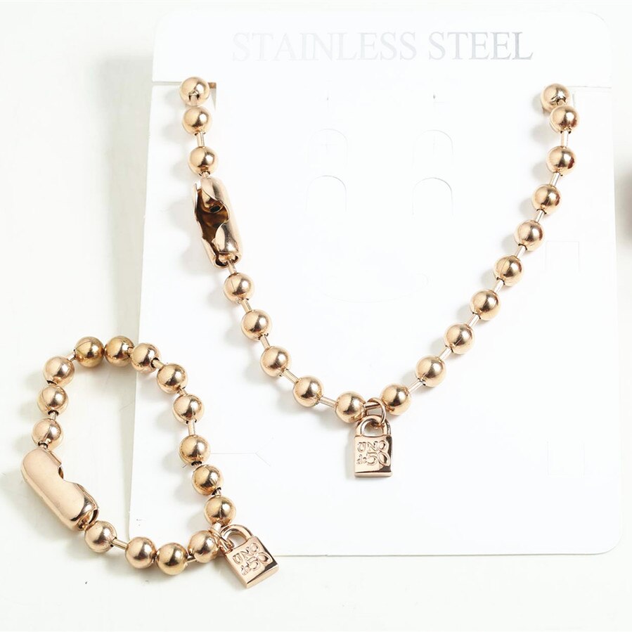femmes hommes couleur argent or acier inoxydable serrure ronde clé Uno 50 boule perle Bracelet collier ensembles de bijoux: Rose Gold 6mm