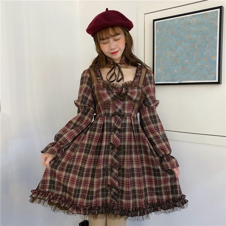 Japanese retro cute student plaid dress long sleeve dress women victorian dress kawaii girl gothic lolita op loli cos cute girl