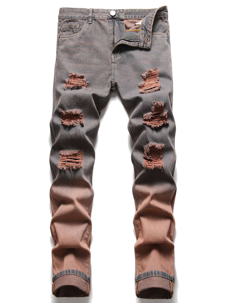 Men Gradient Color Denim Jeans Casual Holes Ripped Distressed Straight Pants Trousers