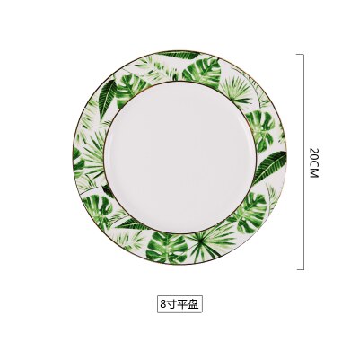Skønhed guld europæisk stil grønne planter mønster keramisk bordservice porcelæn servise sæt knogle porcelæn plade krus kop og underkop: 8 tommer