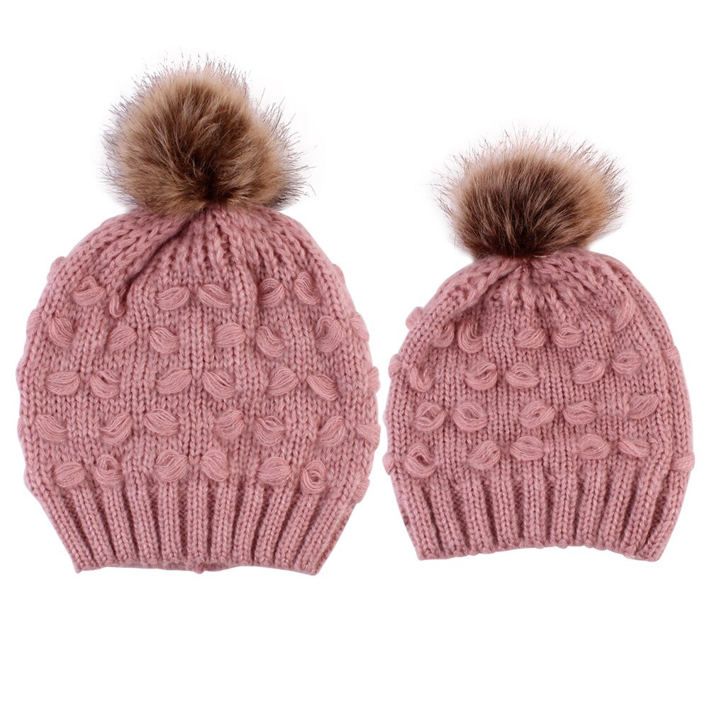 2pc mamma låve strikket ull hatt baby vinter varm hette pompom boble lue hattemaker baby strikk soild bomull blanding kvinner varm vill søt: Rosa