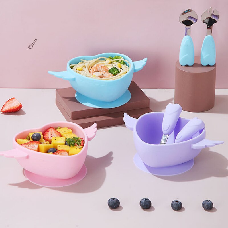 3Pcs/set Baby Silicone Bowl Infant Food Grade Complementary Feeding Tableware Set Baby Toddler Training Spoon Fork Set with Box