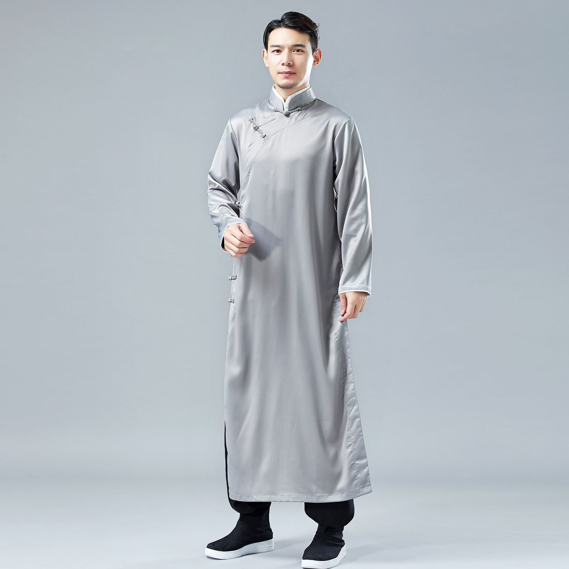 IEFB /men's wear spring satin gown robe Chinese style national costume long sleeve vent hem clothes 9Y1242: gray / M